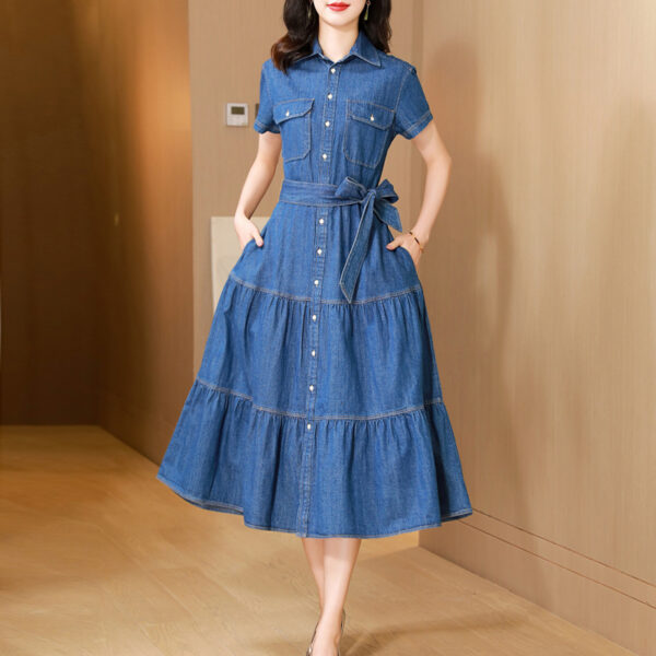 Cotton Large Hem Shirt Dress Long Skirt Denim Dress - Image 2