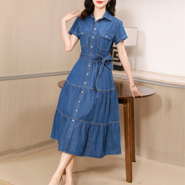 Cotton Large Hem Shirt Dress Long Skirt Denim Dress - Image 5