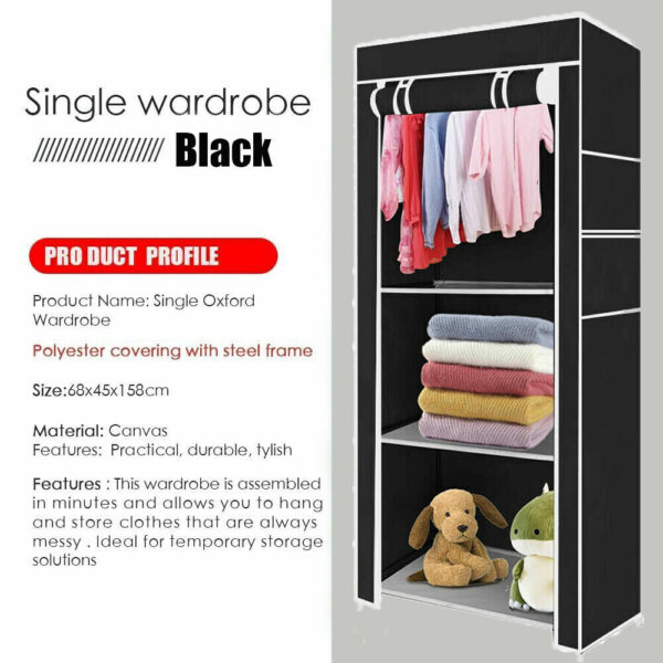 PRACTICAL FABRIC CANVAS WARDROBE HANGING RAIL SHELVING CLOTHES STORAGE CUPBOARD - Image 6