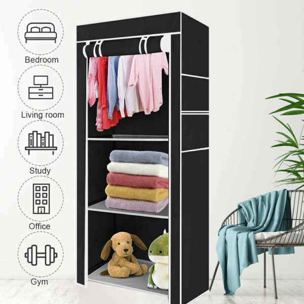 PRACTICAL FABRIC CANVAS WARDROBE HANGING RAIL SHELVING CLOTHES STORAGE CUPBOARD - Image 10