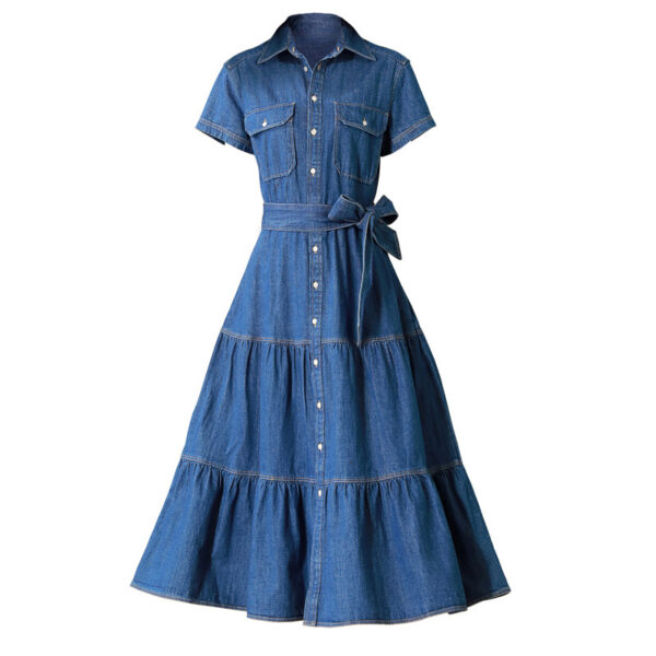 Cotton Large Hem Shirt Dress Long Skirt Denim Dress - Image 4