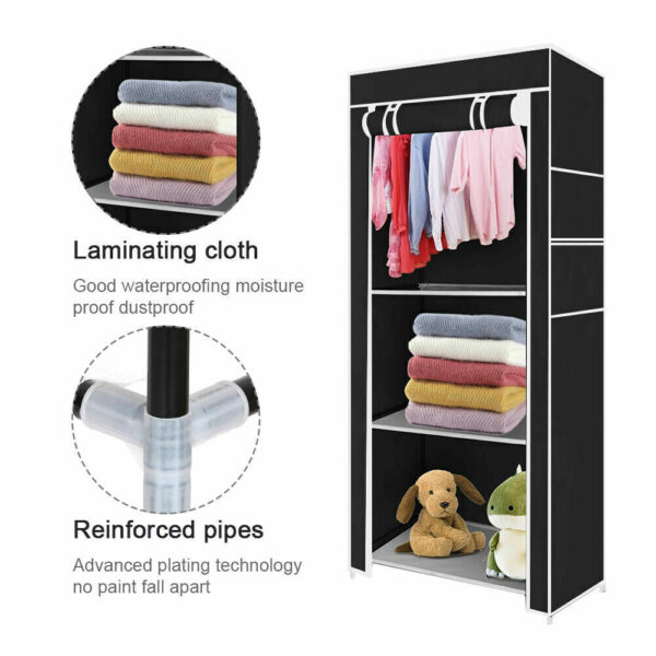 PRACTICAL FABRIC CANVAS WARDROBE HANGING RAIL SHELVING CLOTHES STORAGE CUPBOARD - Image 3